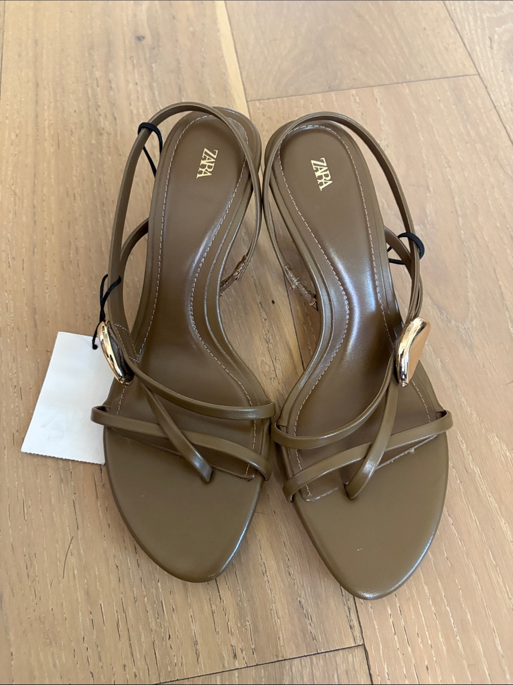 ZARA olive kitten heels Sandals with Gold Accent